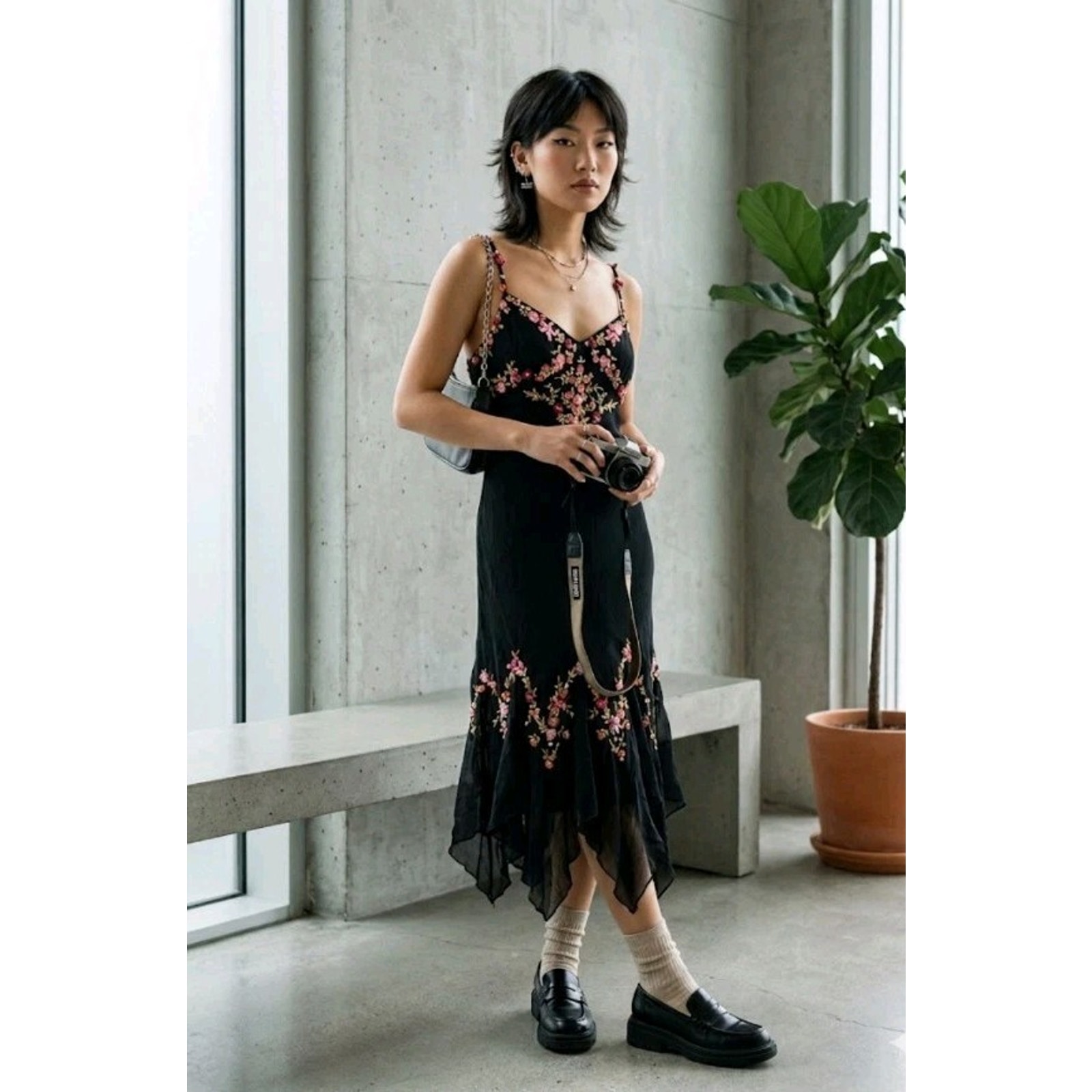 Vtg Sue Wong Y2k Fairy Babydoll Silk Dress 12 Asymmetric Whimsigoth 3d Flower